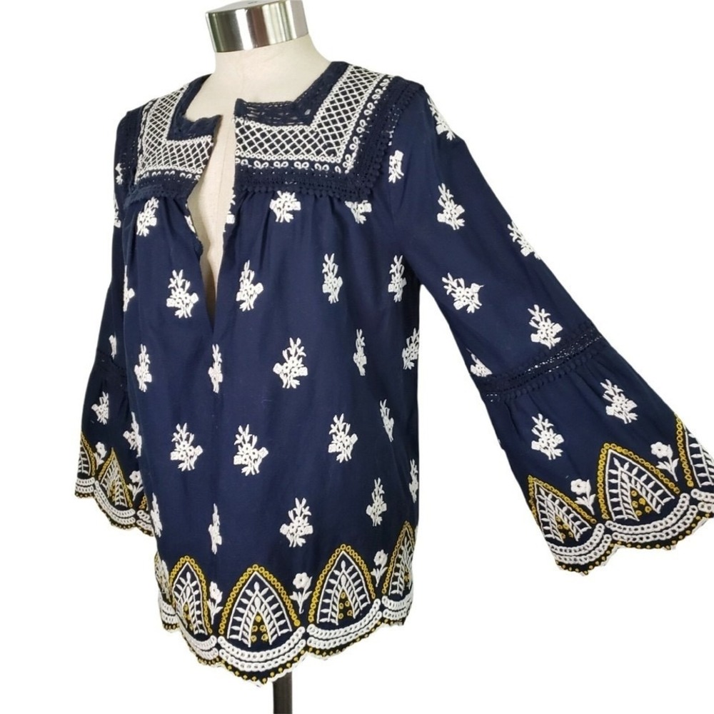 Shoshanna Calah Blue Embroidered Flare Sleeve Deep V Flowy Boho Top Women's S